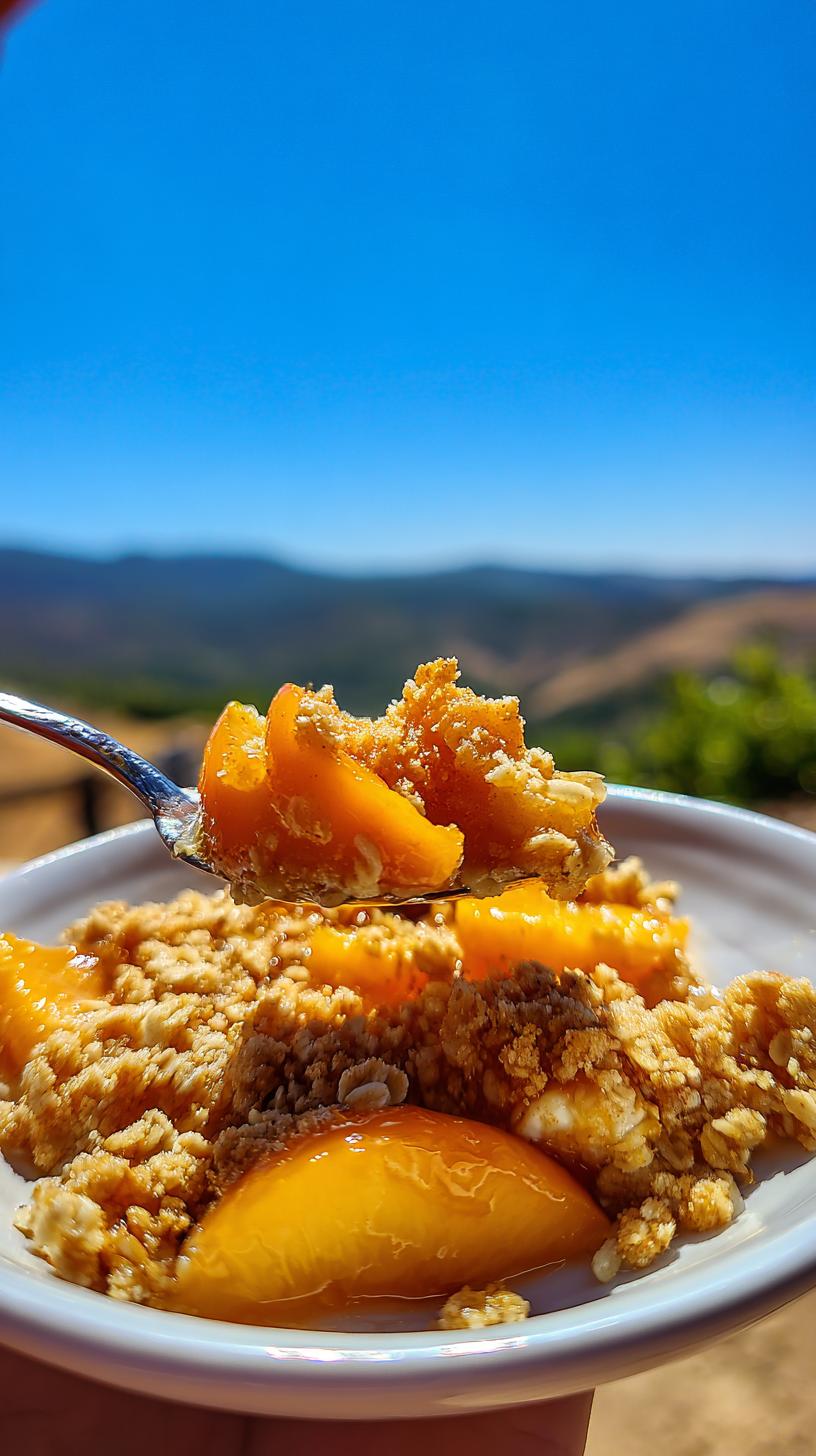 A spoonful of warm Peach Crisp with Oat Crumble Topping, showing juicy peaches and crunchy crumble.
