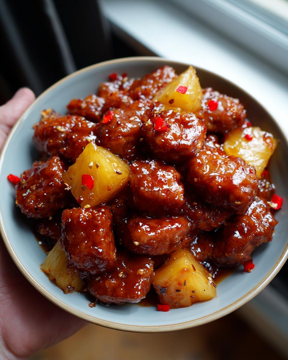 Close-up of Pineapple Brown Sugar Beef Smokies Bites in a bowl, glazed and topped with chili flakes.