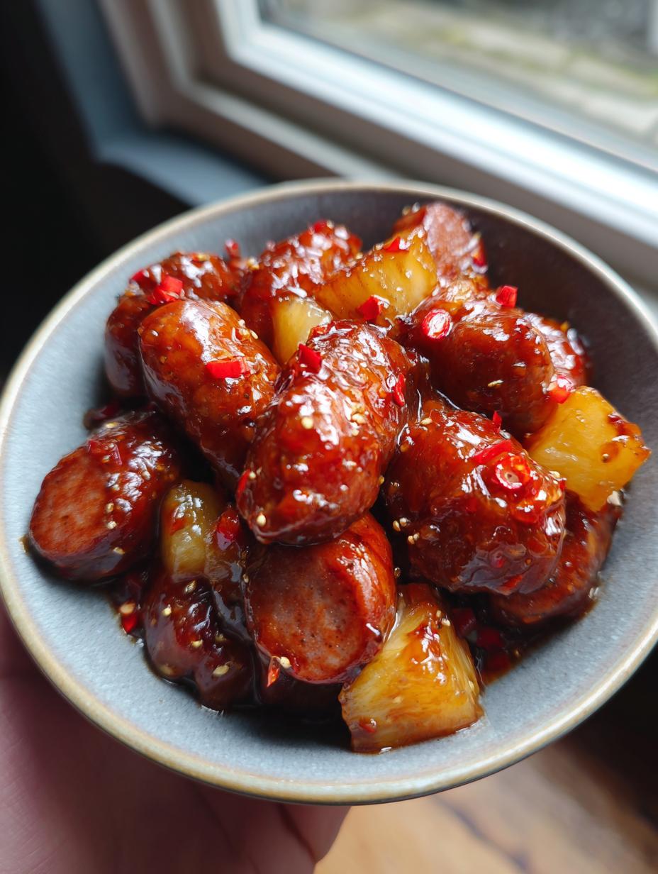 A bowl filled with glistening Pineapple Brown Sugar Beef Smokies Bites, topped with chopped red chili peppers.