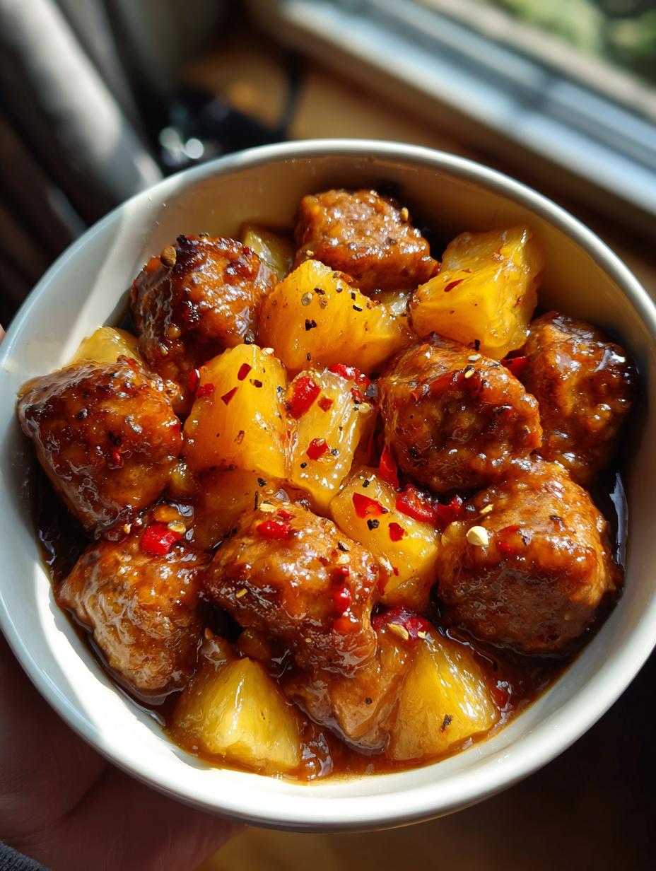 Close-up of Pineapple Brown Sugar Beef Smokies Bites in a bowl, coated in a glossy sauce with pineapple chunks and red pepper flakes.