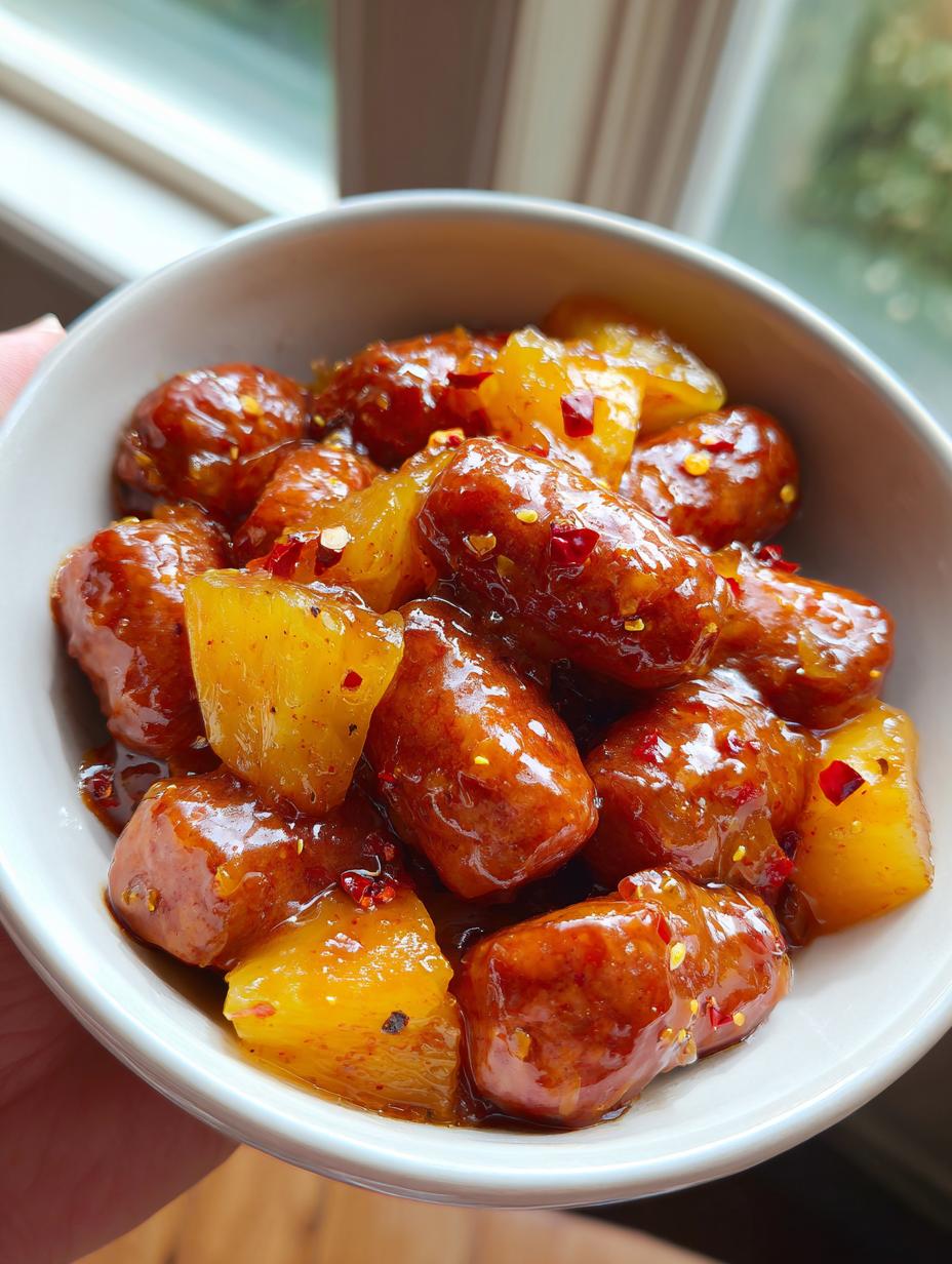 Close-up of Pineapple Brown Sugar Beef Smokies Bites in a bowl, coated in a glossy sauce with red pepper flakes.