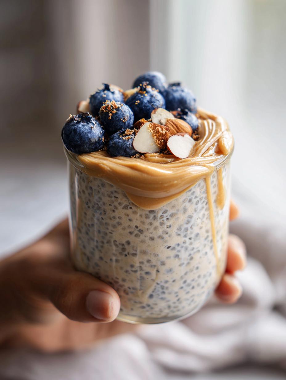 A hand holds a glass jar filled with Protein Chia Seed Pudding topped with almond butter, blueberries, and almonds.