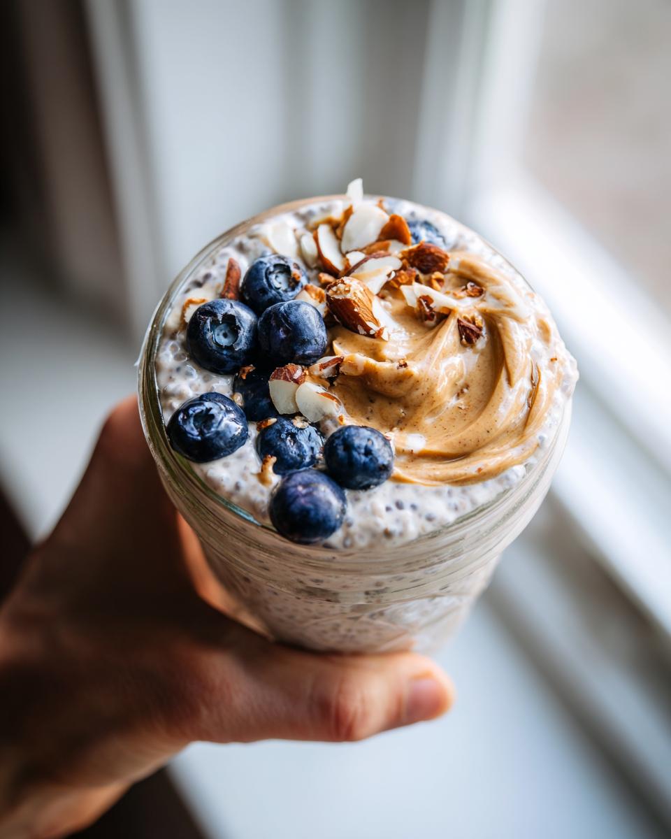 A hand holding a jar of Protein Chia Seed Pudding topped with almond butter, blueberries, and sliced almonds.