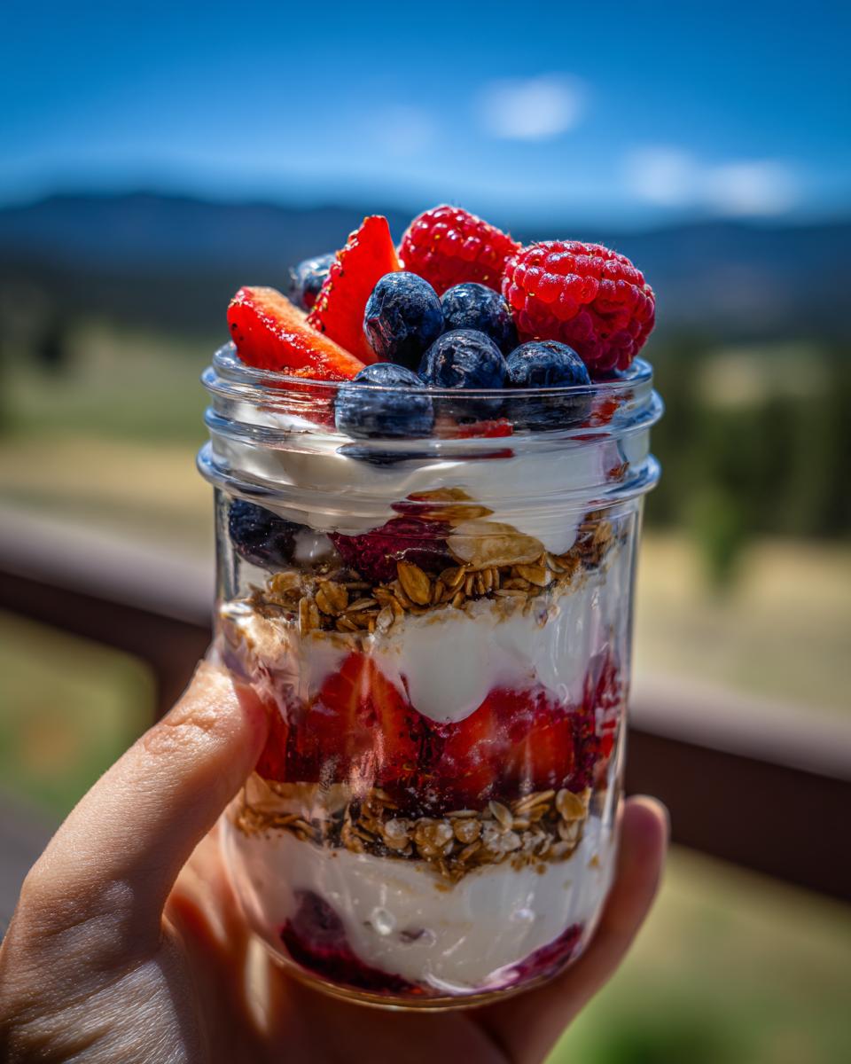 A hand holding a glass jar filled with layers of yogurt, granola, strawberries, blueberries, and raspberries, showcasing a Quick Berry Parfait Healthy Dessert.