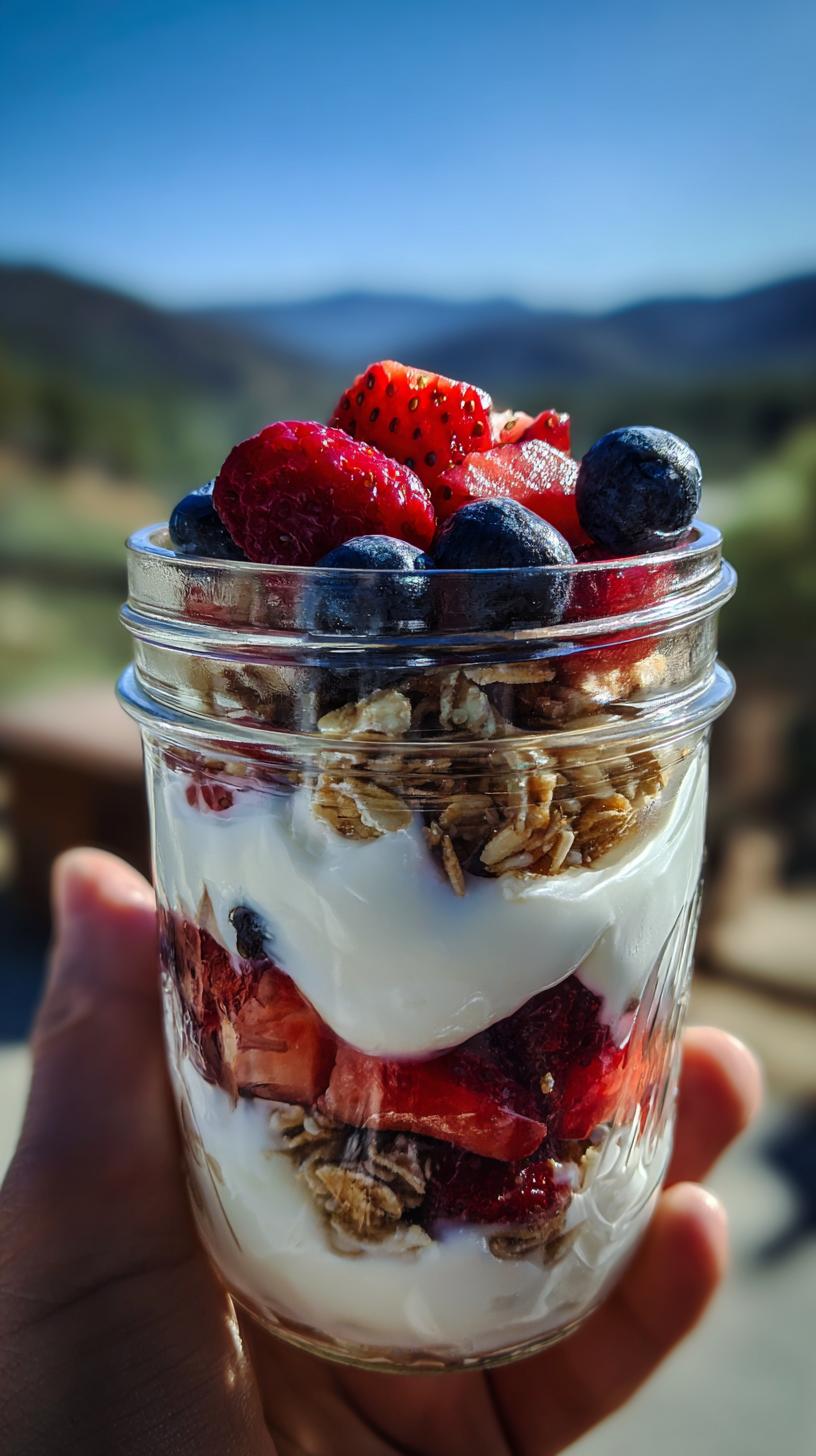A Quick Berry Parfait Healthy Dessert with Yogurt in a jar, layered with yogurt, granola, strawberries, blueberries, and raspberries.