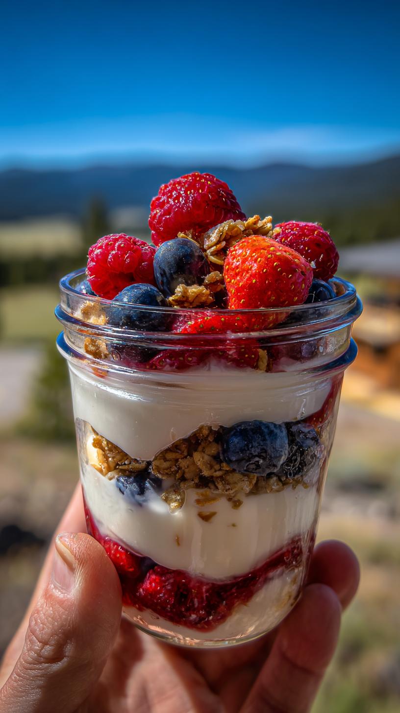 A hand holds a glass jar filled with a Quick Berry Parfait Healthy Dessert with Yogurt, layered with granola and fresh berries.