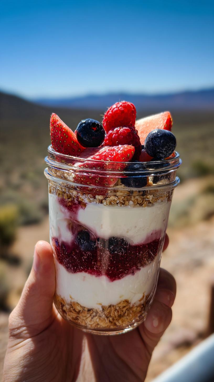 A hand holds a glass jar filled with layers of yogurt, granola, and mixed berries, showcasing a Quick Berry Parfait Healthy Dessert.