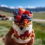 A hand holds a mason jar filled with a Quick Berry Parfait Healthy Dessert with Yogurt, layered with granola and fresh berries.