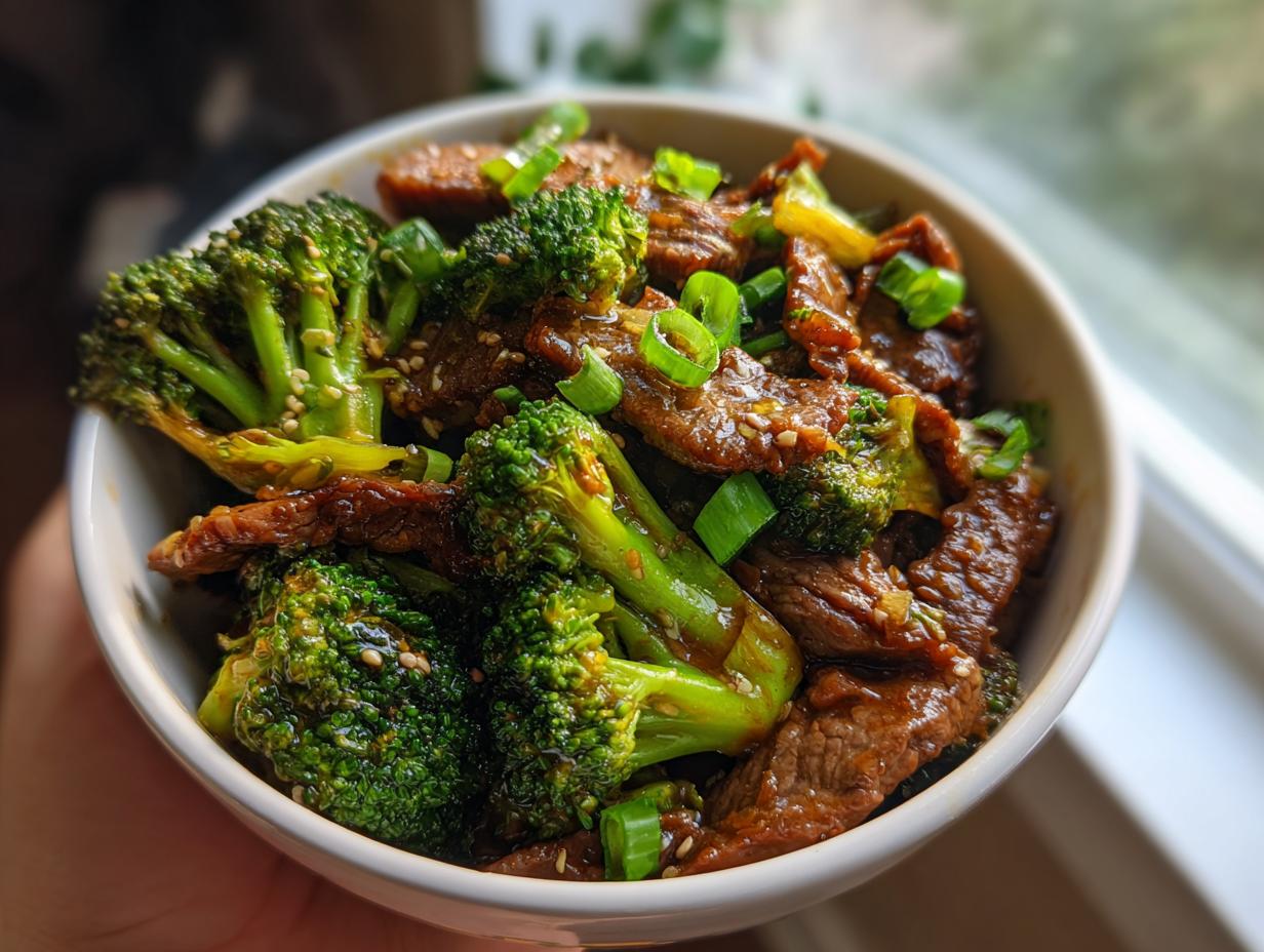 A bowl of Quick Healthy Beef and Broccoli Stir Fry, garnished with sesame seeds and green onions.
