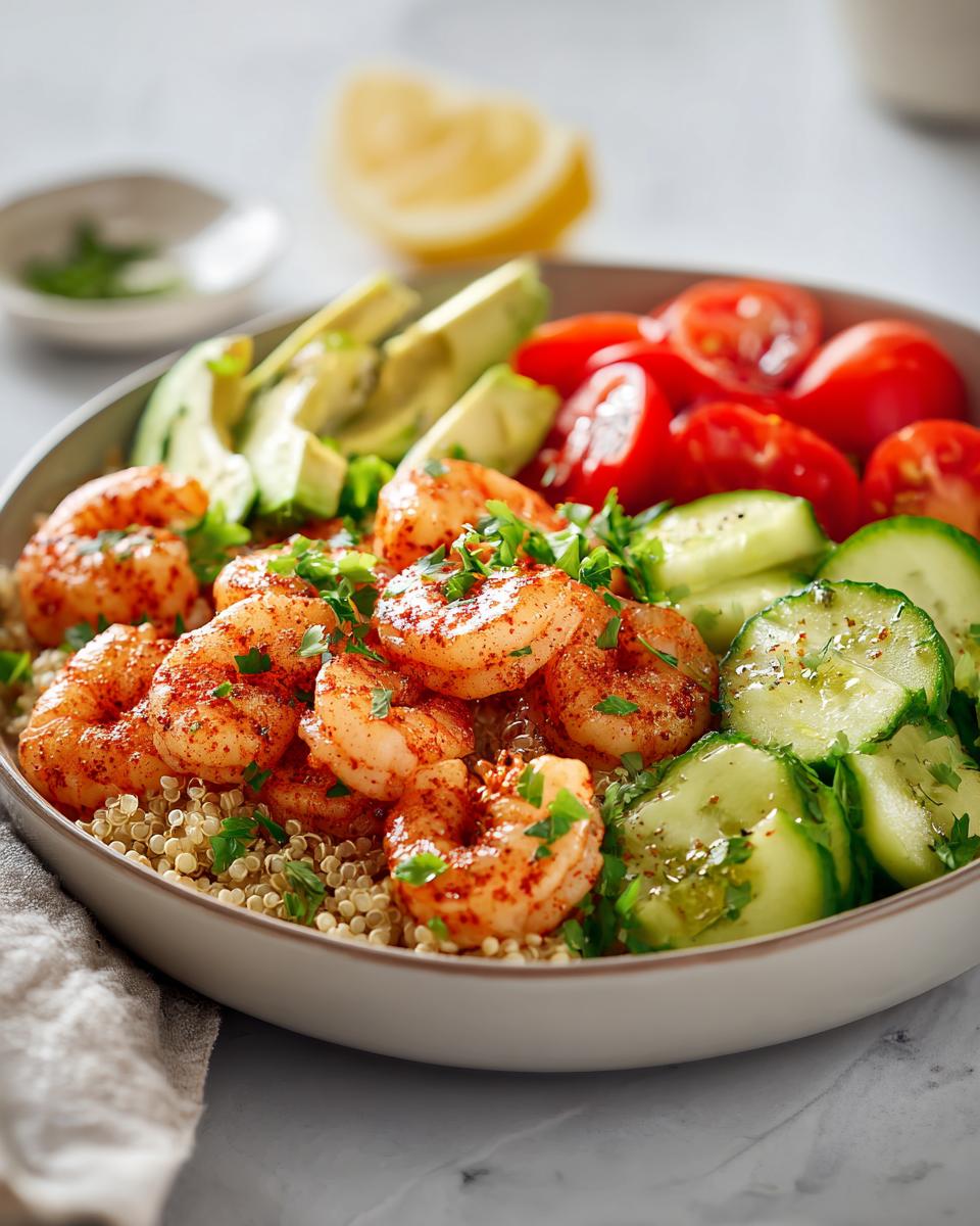 A close-up of a Quick Healthy Shrimp and Quinoa Bowl with seasoned shrimp, avocado, cherry tomatoes, and cucumber.