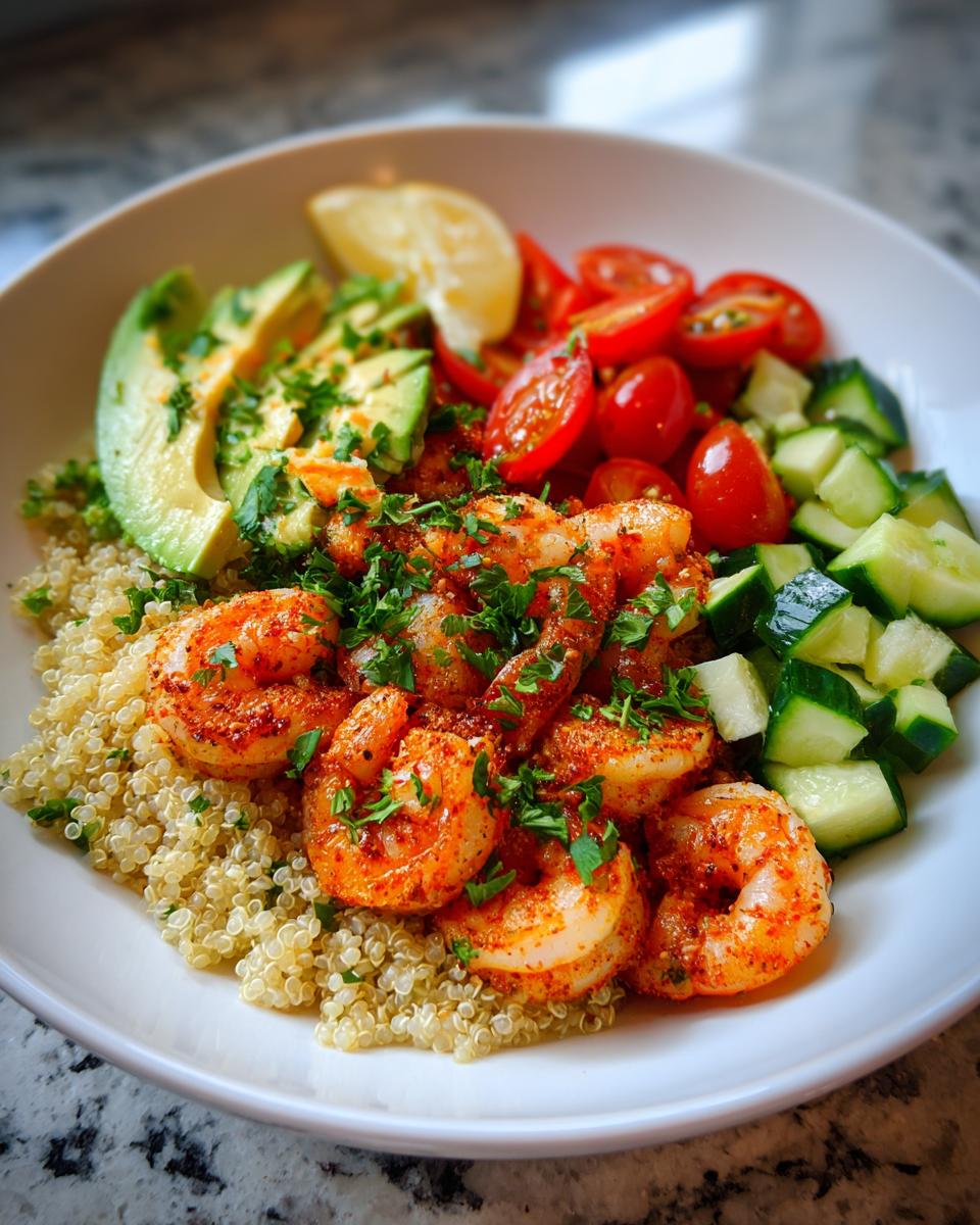 A vibrant Quick Healthy Shrimp and Quinoa Bowl with seasoned shrimp, avocado, cherry tomatoes, and cucumber.