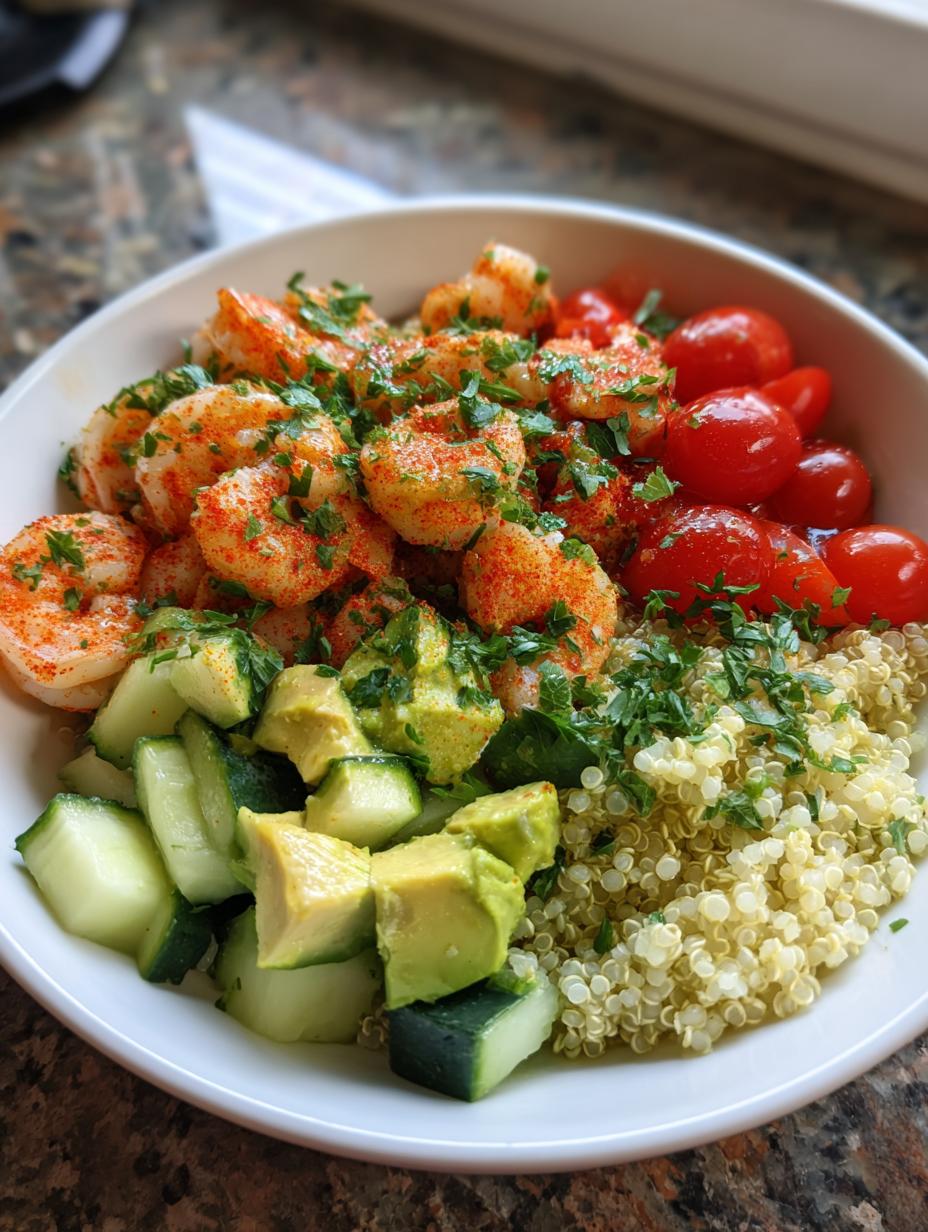 A close-up of a Quick Healthy Shrimp and Quinoa Bowl with shrimp, cherry tomatoes, avocado, cucumber, and quinoa.