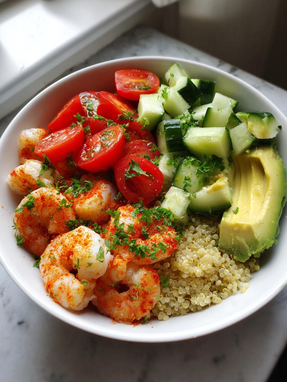 A vibrant Quick Healthy Shrimp and Quinoa Bowl with seasoned shrimp, cherry tomatoes, cucumber, avocado, and quinoa.