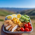 A Quick Protein Snack Box Meal Prep featuring sliced grilled chicken, hard-boiled eggs, cheese cubes, almonds, cherry tomatoes, and cucumber slices.
