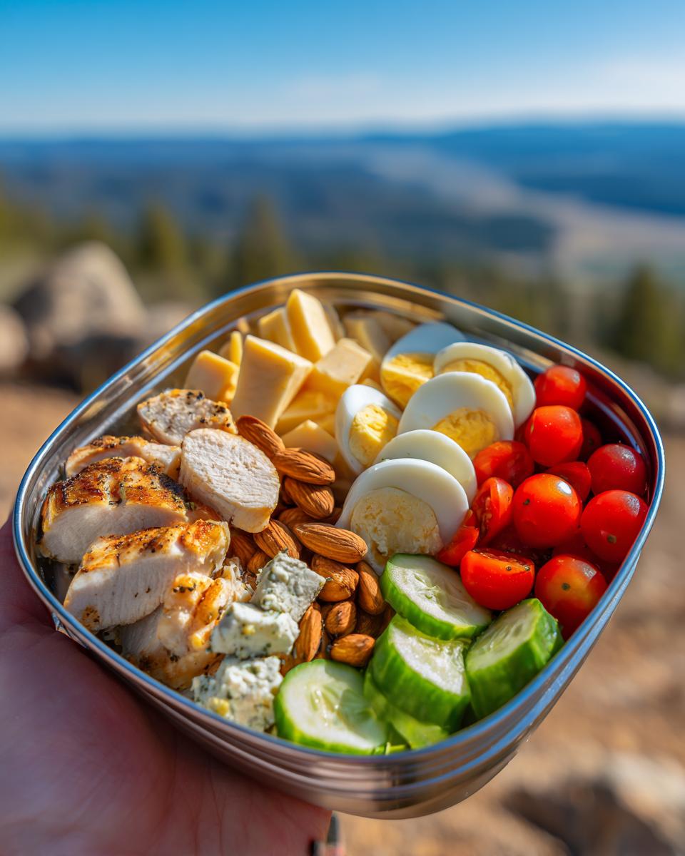 A Quick Protein Snack Box Meal Prep featuring grilled chicken, hard-boiled eggs, cheese, almonds, cherry tomatoes, and cucumber slices.