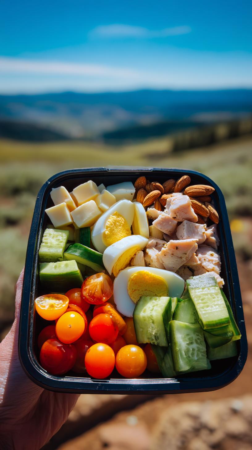 A close-up of a Quick Protein Snack Box Meal Prep containing chopped chicken, hard-boiled eggs, cheese cubes, cherry tomatoes, cucumber slices, and almonds.