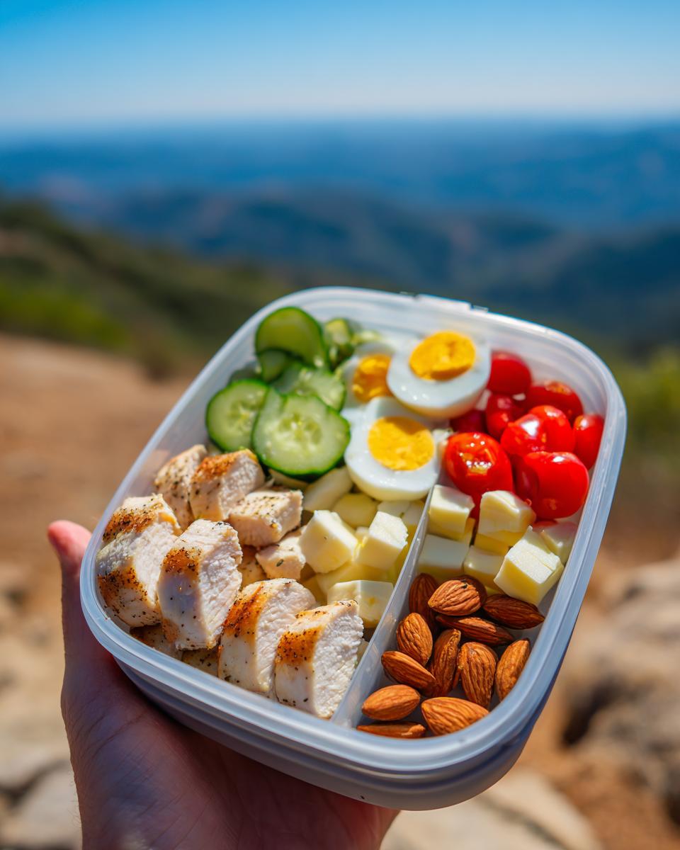A hand holds a divided container filled with a Quick Protein Snack Box Meal Prep: sliced chicken, hard-boiled eggs, cheese cubes, cherry tomatoes, cucumber slices, and almonds.