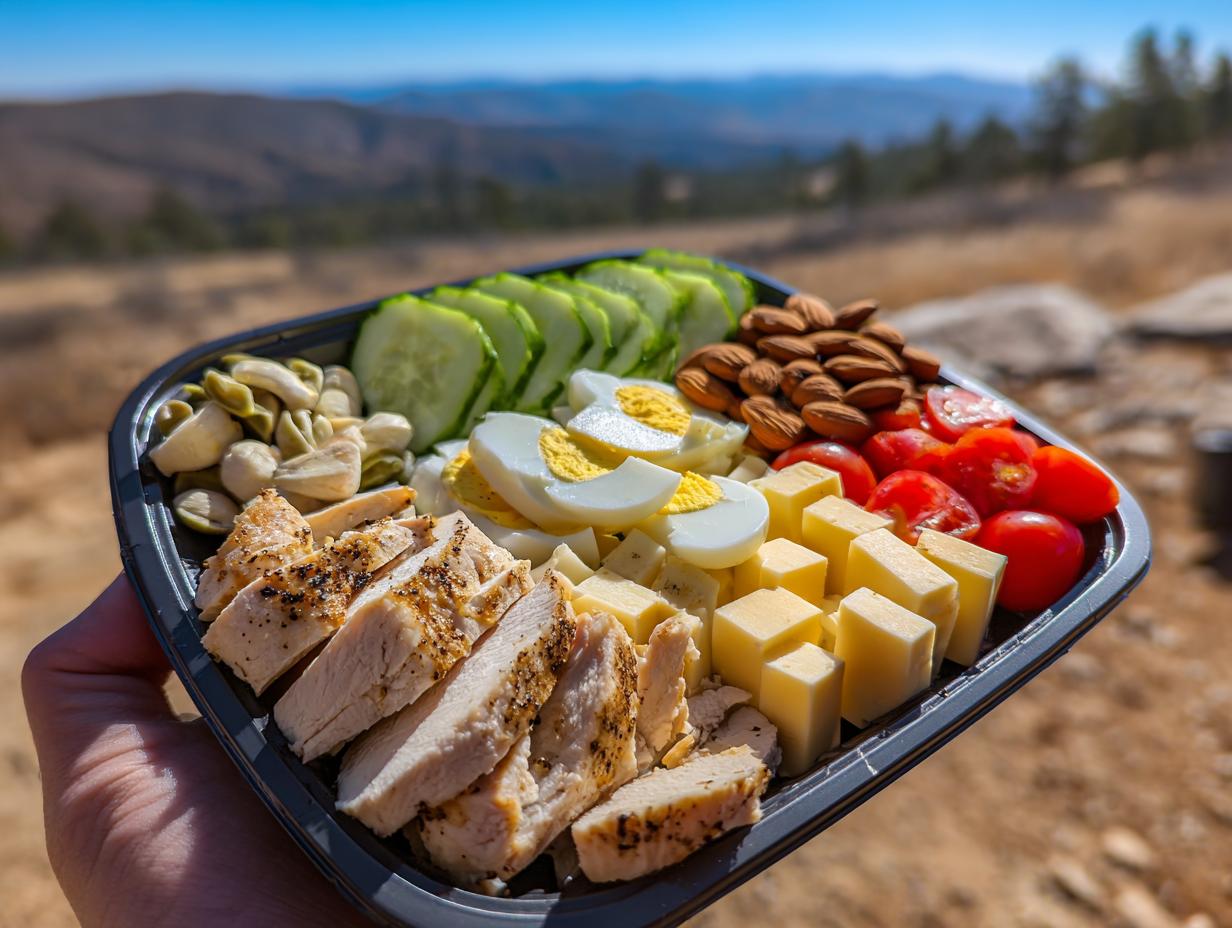 A hand holds a black container filled with a Quick Protein Snack Box Meal Prep, featuring sliced grilled chicken, hard-boiled eggs, cheese cubes, cherry tomatoes, almonds, cucumber slices, and nuts.
