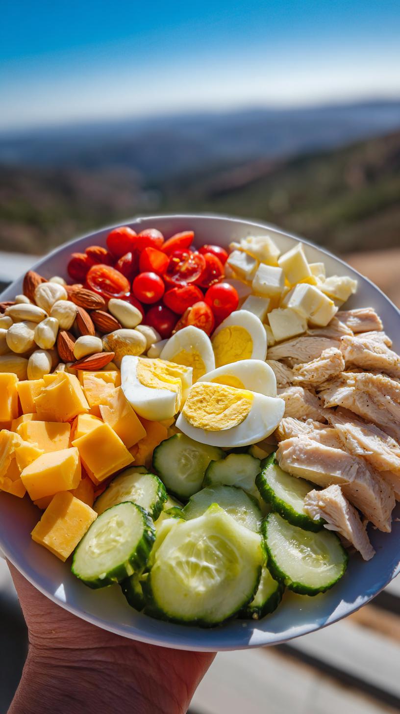 A close-up of a Quick Protein Snack Box Meal Prep with sliced hard-boiled eggs, cherry tomatoes, cheese cubes, almonds, shredded chicken, and cucumber slices.