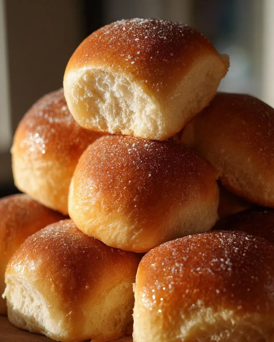 Quick Soft Dinner Rolls: Melt-in-Your-Mouth Perfection 7 A stack of golden-brown Quick Soft Dinner Rolls, lightly dusted with powdered sugar.