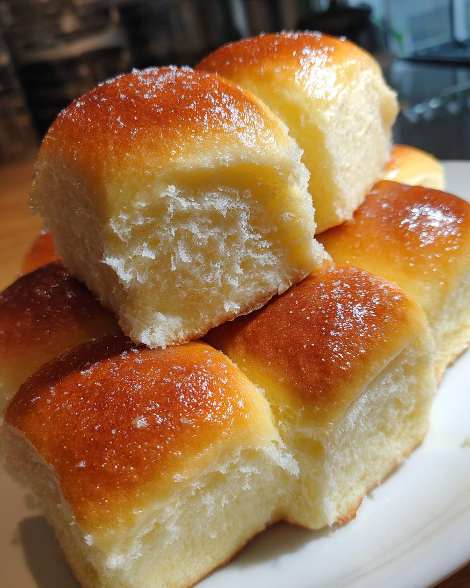 Quick Soft Dinner Rolls: Melt-in-Your-Mouth Perfection 9 A close-up of golden brown, fluffy Quick Soft Dinner Rolls stacked on a white plate, lightly dusted with sugar.