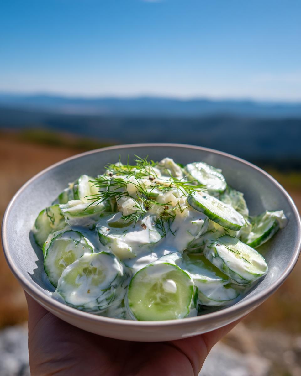 Close-up of a refreshing cucumber yogurt salad with fresh dill and spices in a bowl, held outdoors.