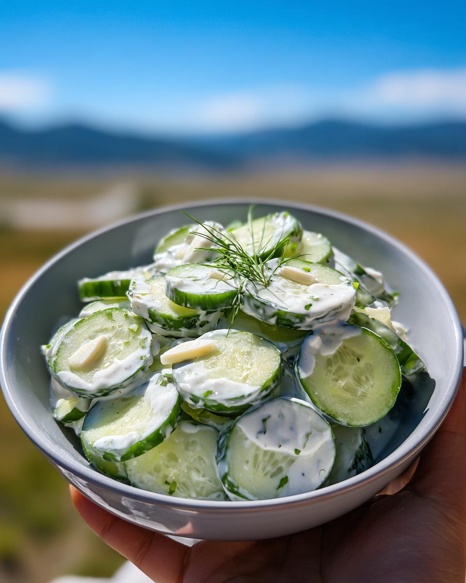 A bowl of Refreshing Cucumber Yogurt Salad with dill and garlic slices, garnished with fresh dill sprigs.