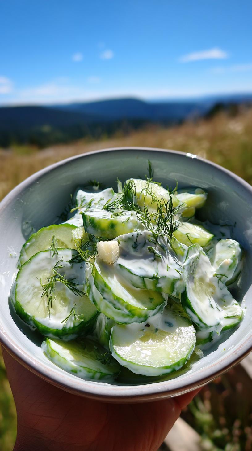 A close-up of a bowl of Refreshing Cucumber Yogurt Salad, garnished with fresh dill and a piece of garlic.