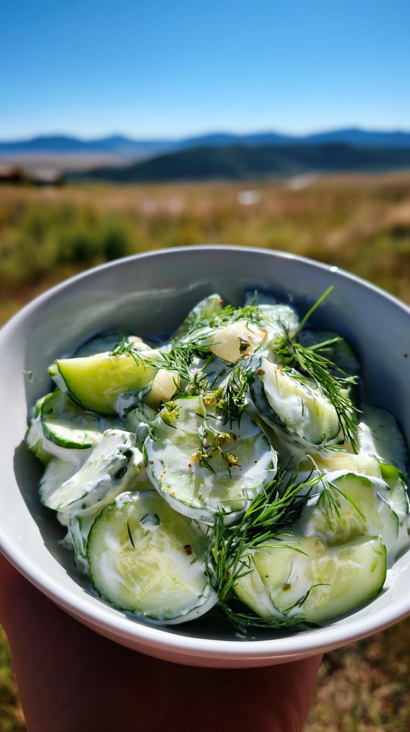 A close-up of a bowl filled with refreshing cucumber yogurt salad, garnished with fresh dill and spices.