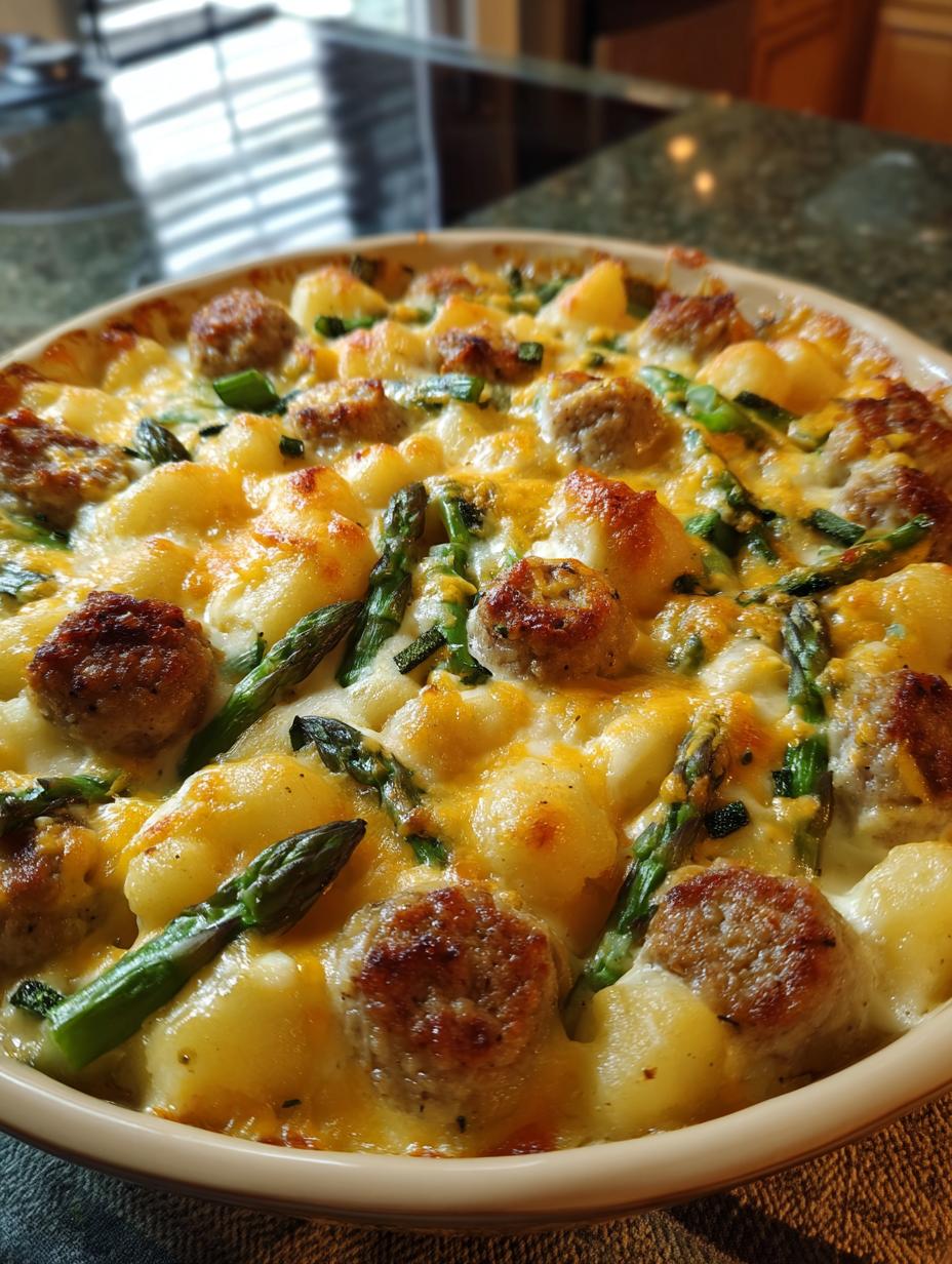 A close-up of a baked Sausage and Potato Casserole with melted cheese, sausage links, potatoes, and asparagus.
