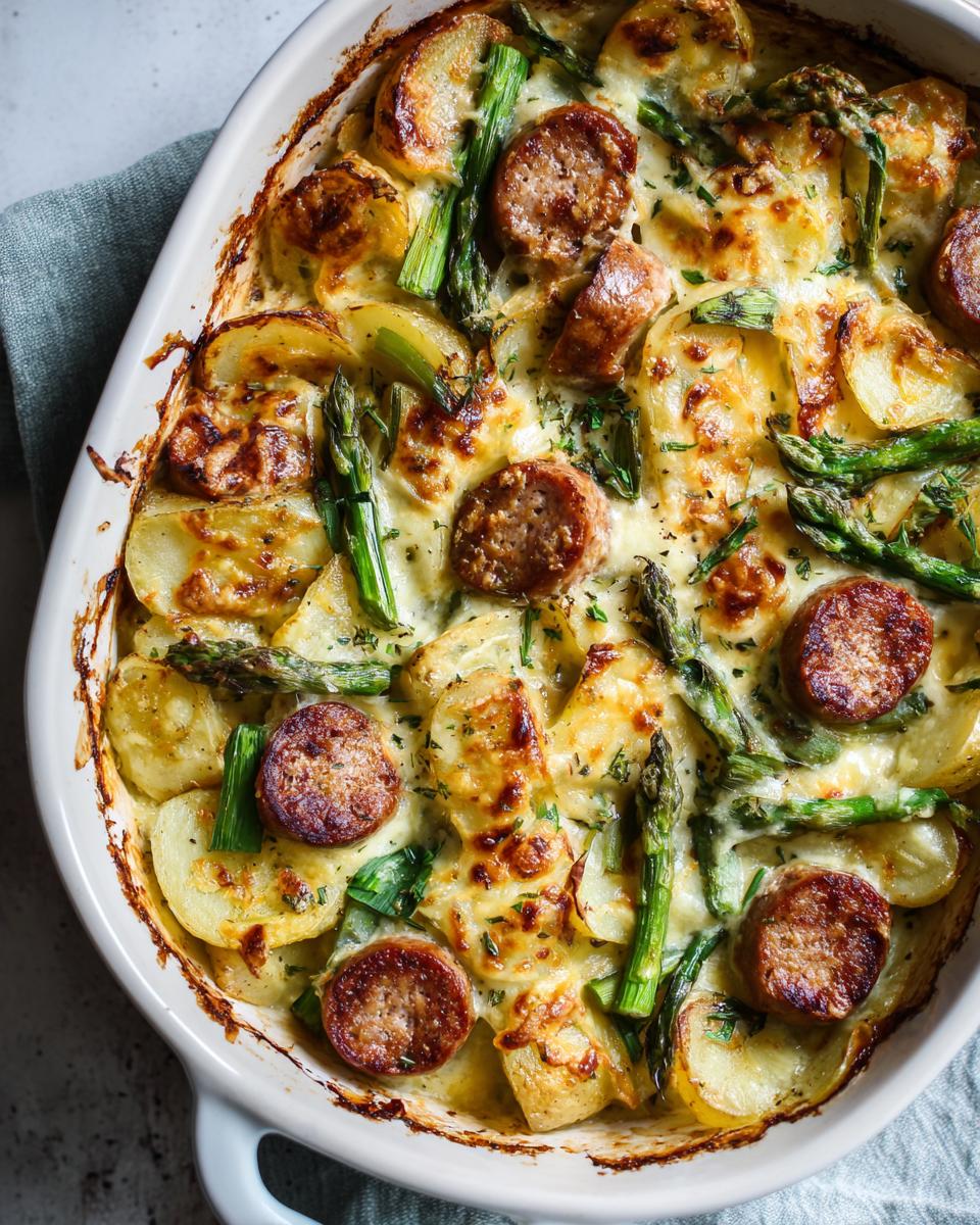 A close-up view of a baked Sausage and Potato Casserole with tender potatoes, sausage slices, and asparagus spears, topped with melted cheese and herbs.