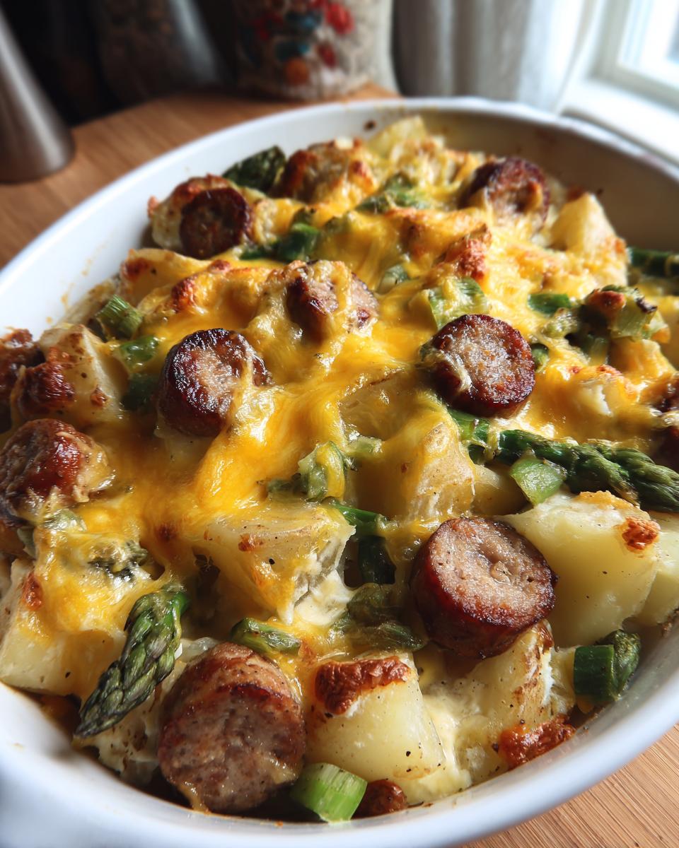 Close-up of a baked Sausage and Potato Casserole topped with melted cheddar cheese and sliced sausage.
