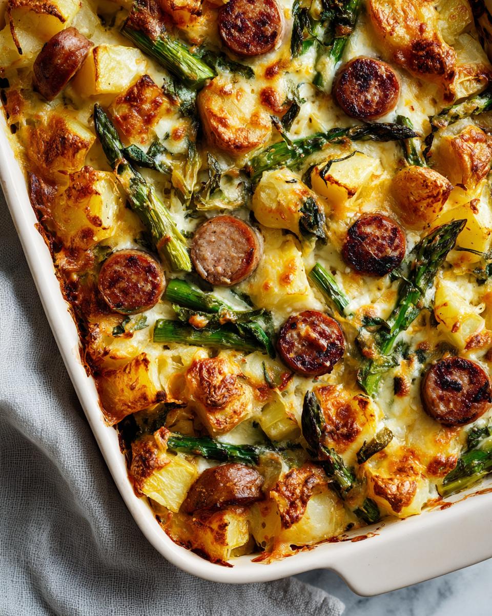 Close-up of a baked Sausage and Potato Casserole in a white dish, featuring golden potatoes, sliced sausage, and asparagus.
