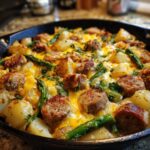 Close-up of a hearty Sausage and Potato Casserole baked in a cast-iron skillet, topped with melted cheese and fresh herbs.