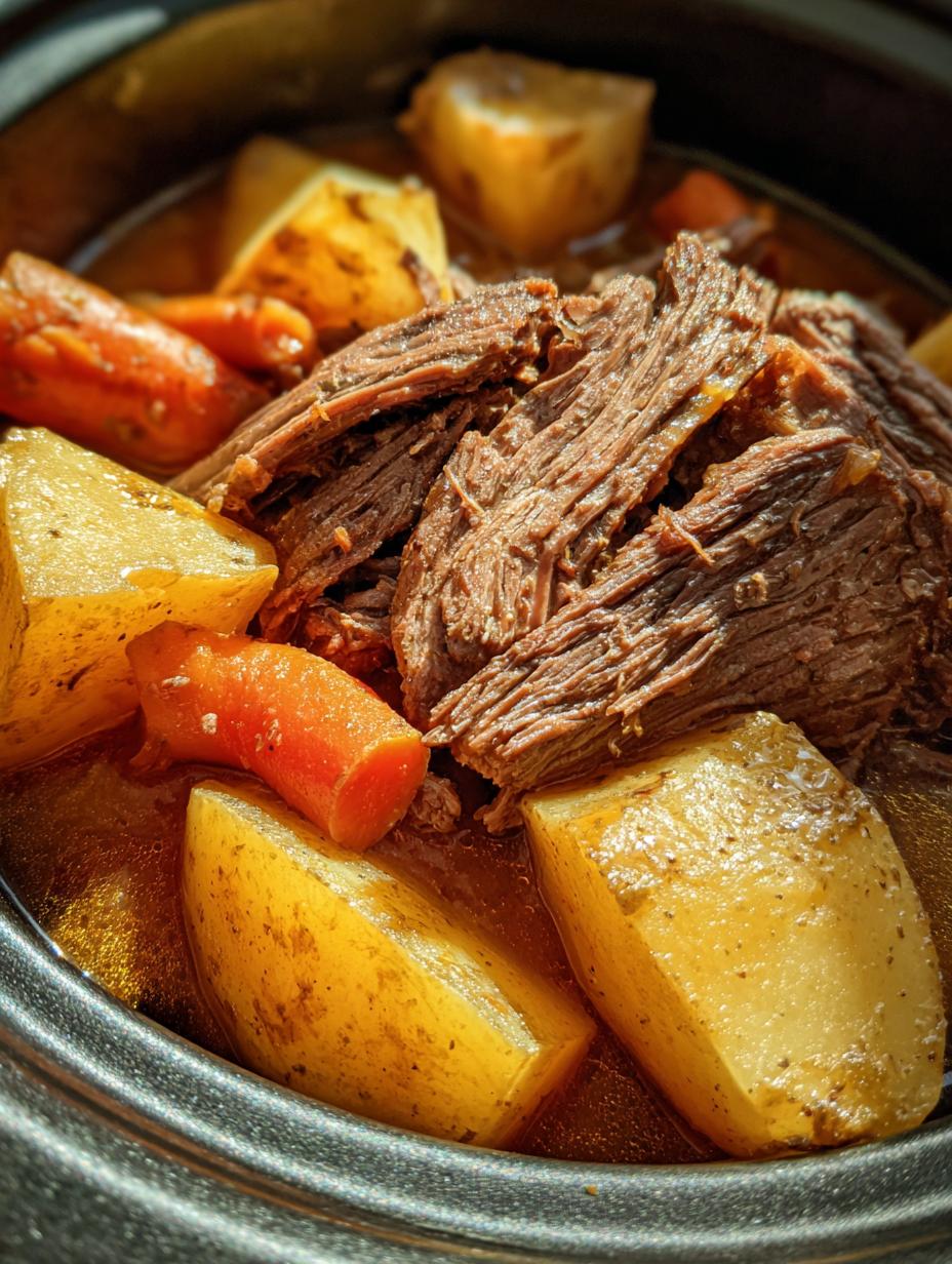 Close-up of tender Slow Cooker Chuck Roast and Potatoes in a rich broth.