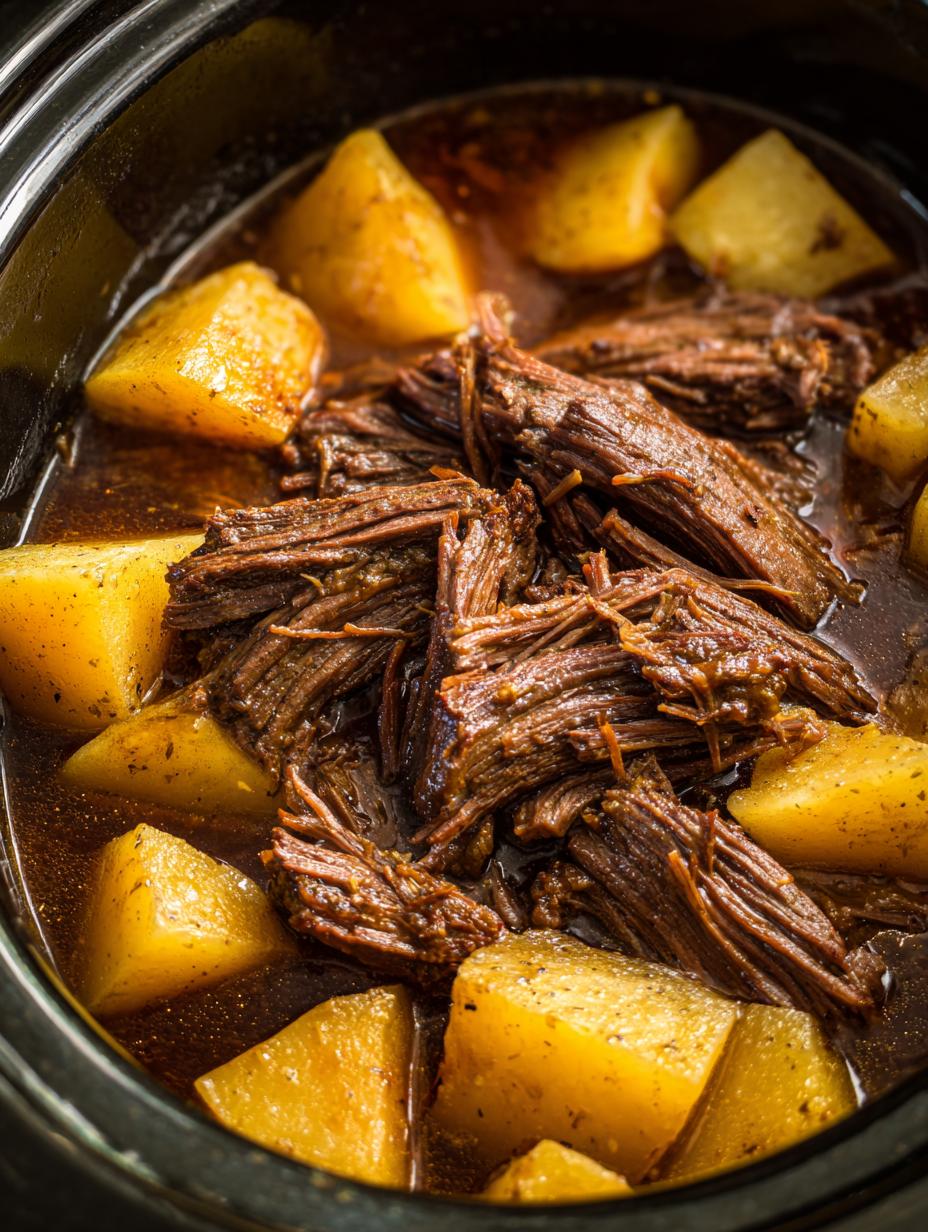 Close-up of tender shredded chuck roast with chunks of potatoes in a rich gravy in a slow cooker.