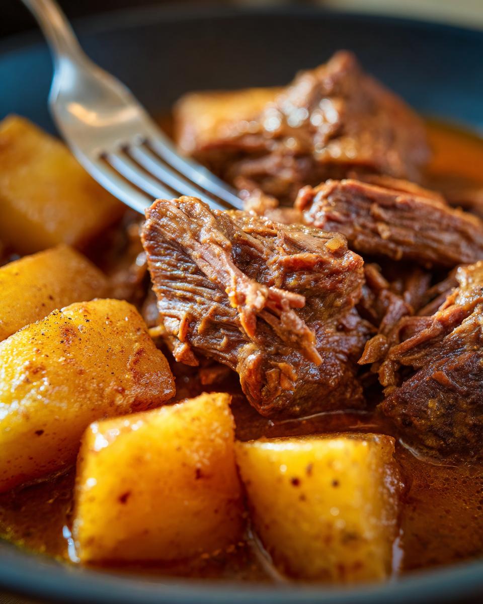 A fork is piercing a piece of tender Slow Cooker Chuck Roast and Potatoes in a rich sauce.
