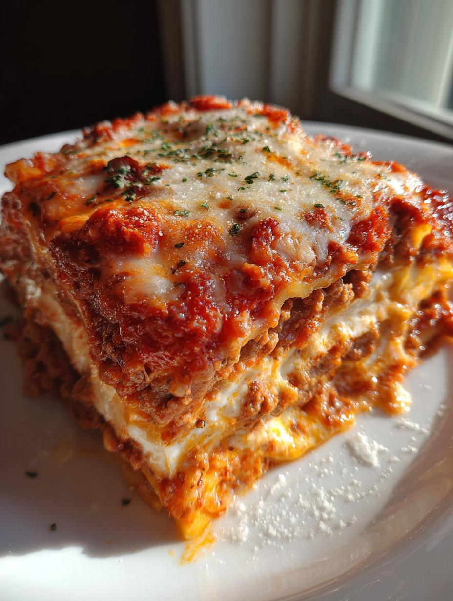 A delicious slice of Slow Cooker Ravioli Lasagna with melted cheese and rich tomato sauce.