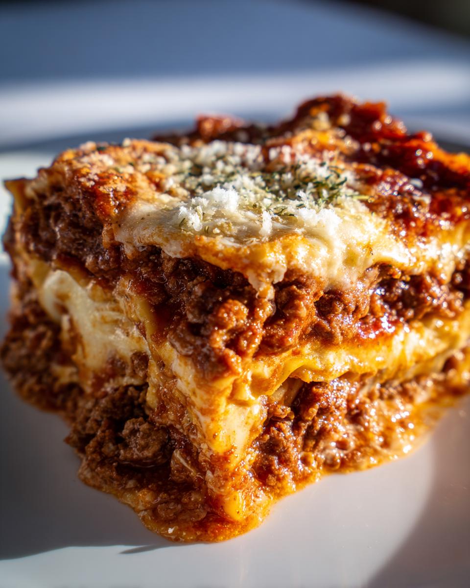 A close-up of a hearty slice of Slow Cooker Ravioli Lasagna, showing layers of pasta, meat sauce, and cheese.