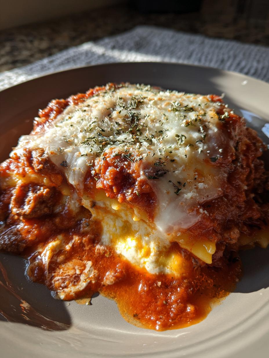 A close-up of a delicious slice of Slow Cooker Ravioli Lasagna, topped with melted cheese and herbs.