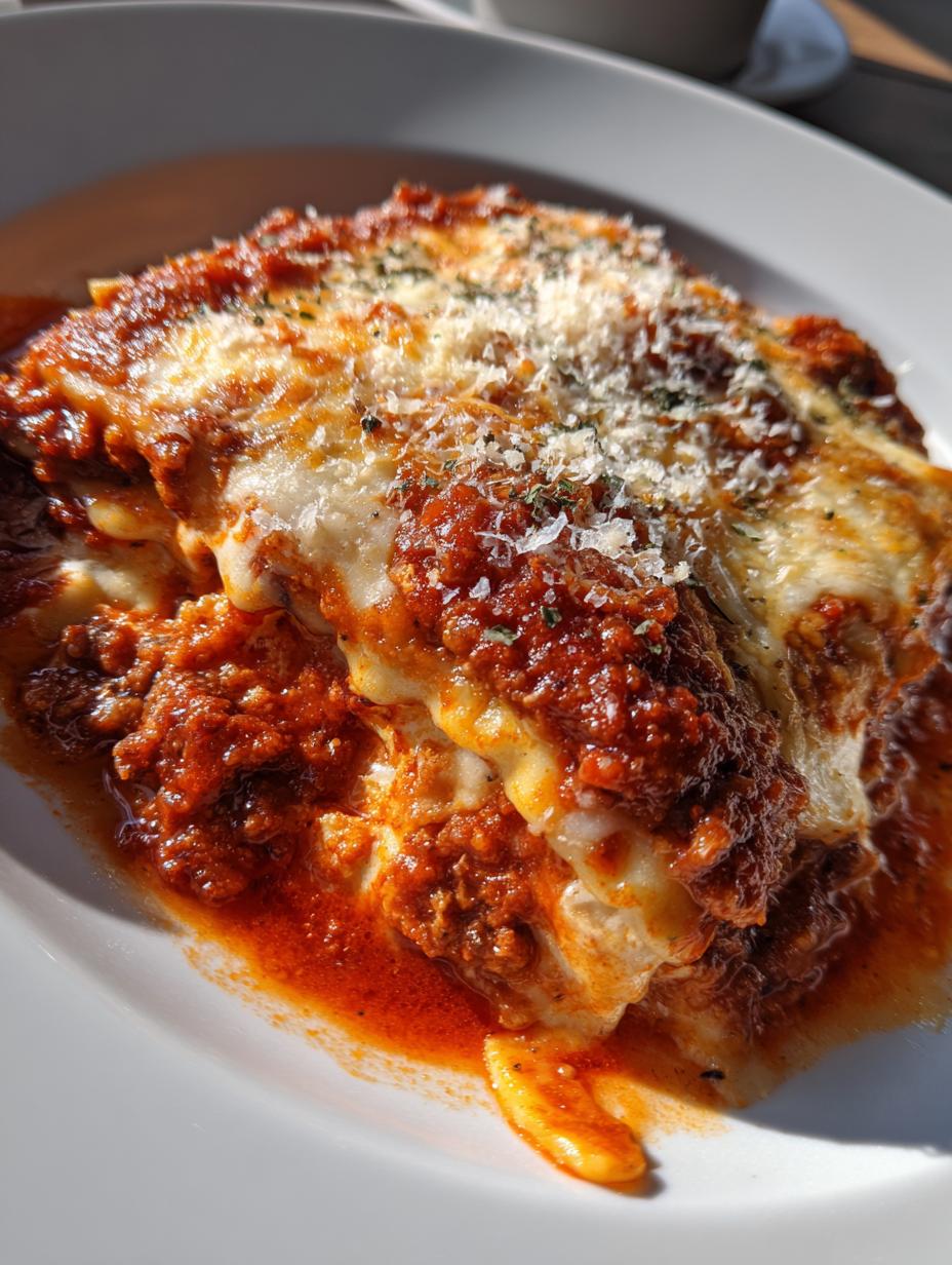 A close-up of a delicious slice of Slow Cooker Ravioli Lasagna topped with cheese and marinara sauce.
