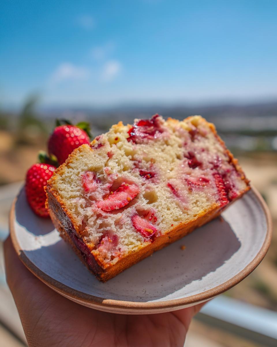 A slice of delicious Soft Strawberry Bread with Fresh Berries, showcasing juicy strawberry pieces baked into the tender crumb.