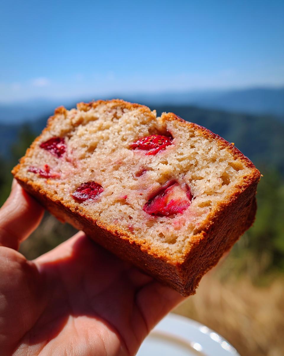 A hand holding a slice of soft strawberry bread with visible fresh berries baked inside.
