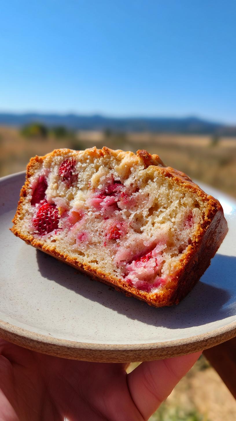 A close-up of a slice of soft strawberry bread with fresh berries baked inside, served on a plate.