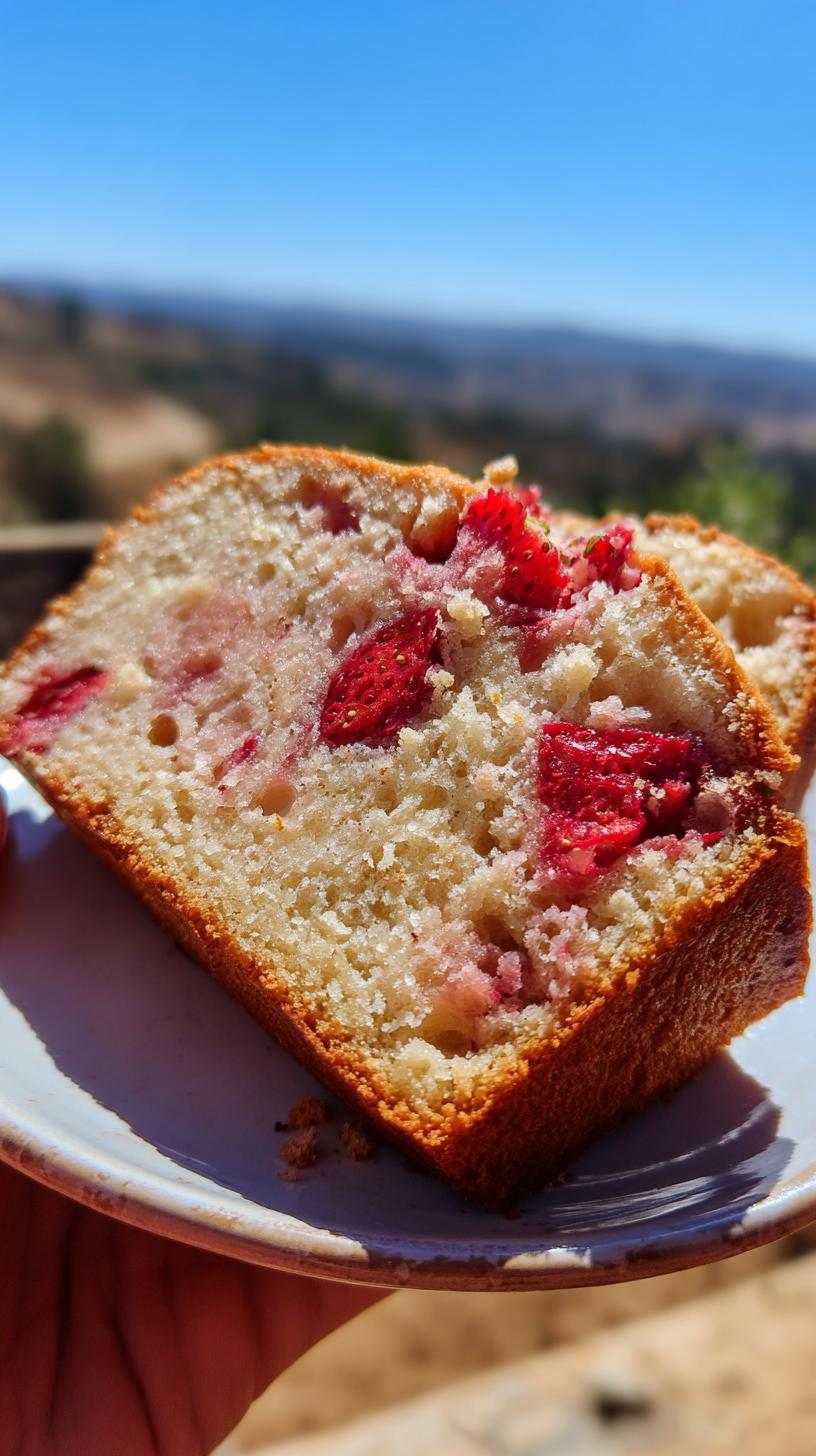 A close-up of two slices of soft strawberry bread with fresh berries baked into the loaf.