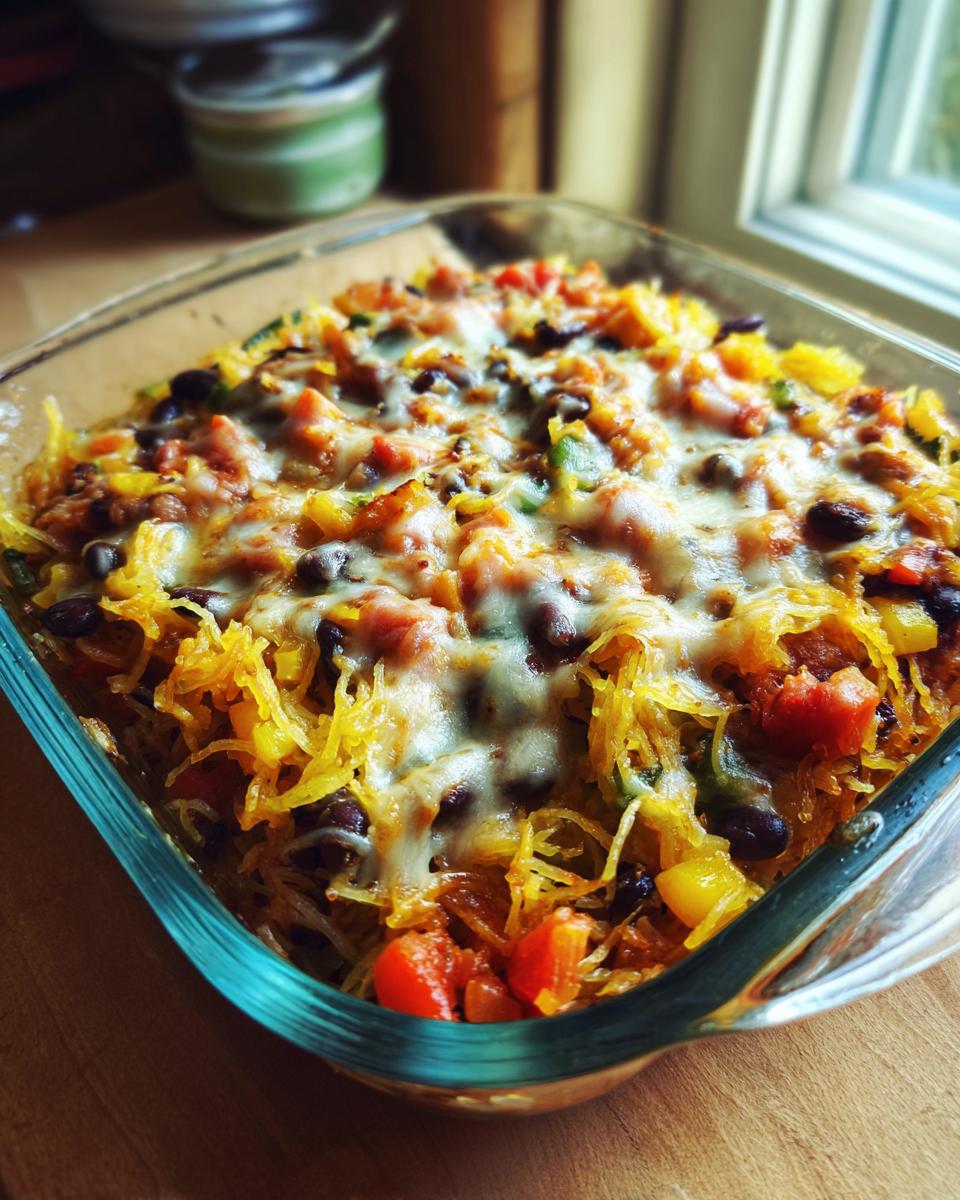 A close-up of baked Spaghetti Squash Burrito Bowls in a glass dish, topped with melted cheese, black beans, and diced tomatoes.