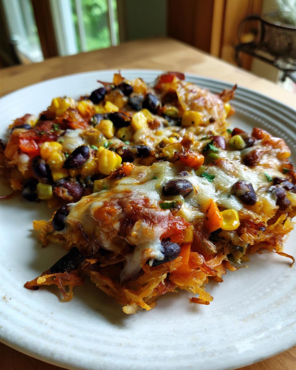 Close-up of Spaghetti Squash Burrito Bowls topped with melted cheese, black beans, corn, and salsa.