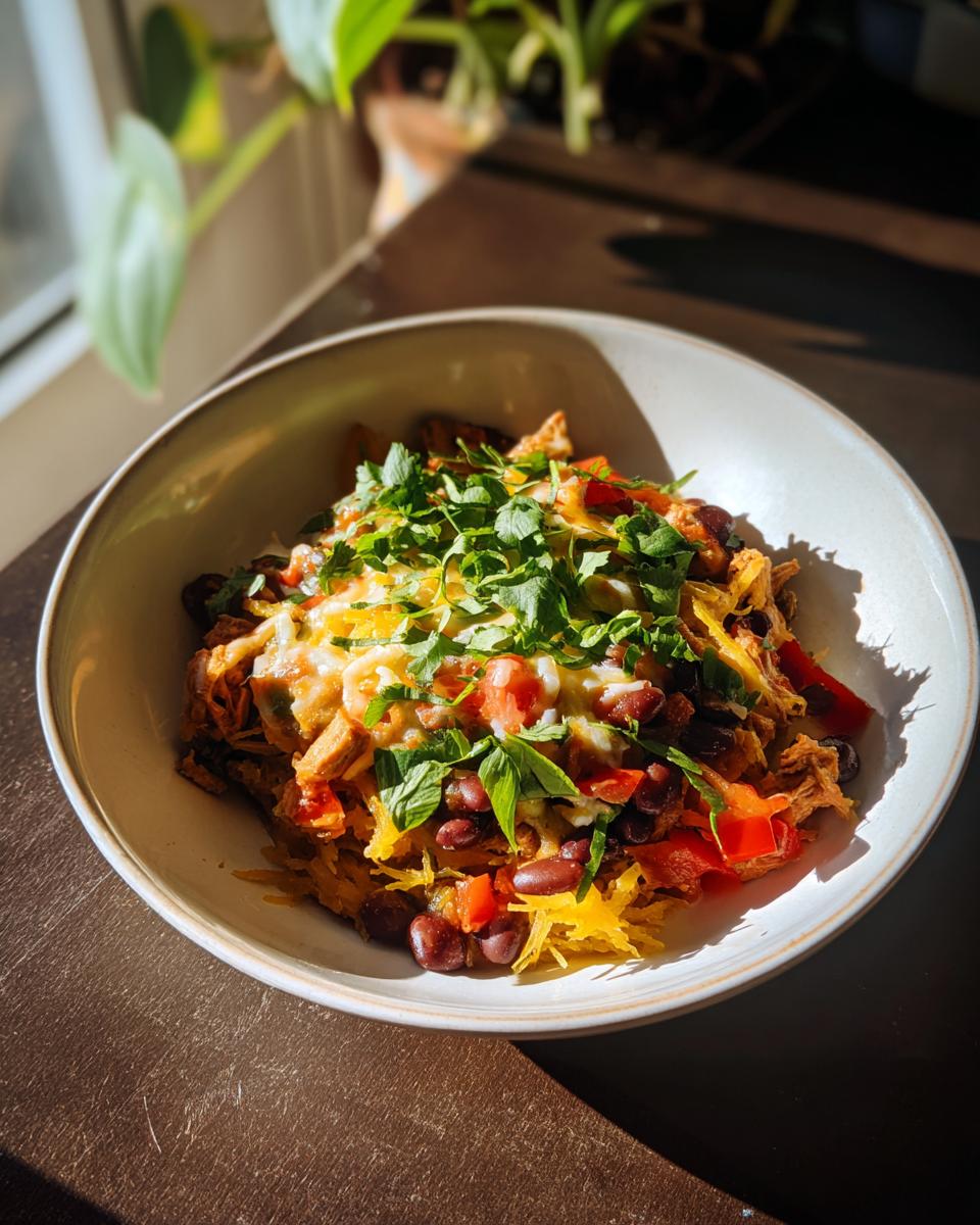 A close-up of a bowl filled with Spaghetti Squash Burrito Bowls, topped with black beans, cheese, tomatoes, and cilantro.