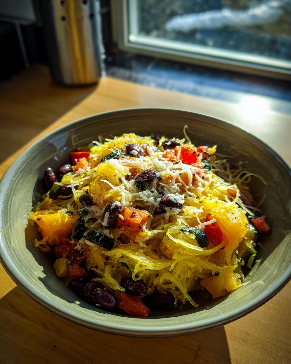 A close-up of delicious Spaghetti Squash Burrito Bowls with black beans, diced tomatoes, zucchini, and shredded cheese.