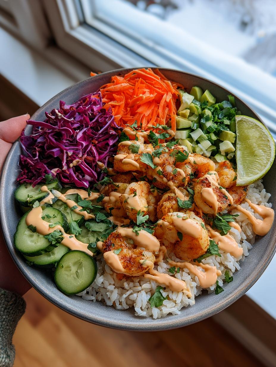 A vibrant bowl of Spicy Shrimp Rice Bowls topped with creamy chili sauce, fresh vegetables, and a lime wedge.